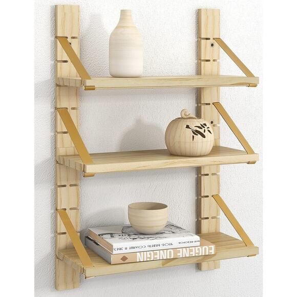 Gronda Adjustable Leather Strap Floating Wall Shelves, 3 Tier Boho Modern Storag - Picture 1 of 5